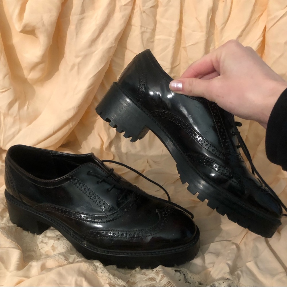 Zara Brown Leather Lace Up Platform Oxfords